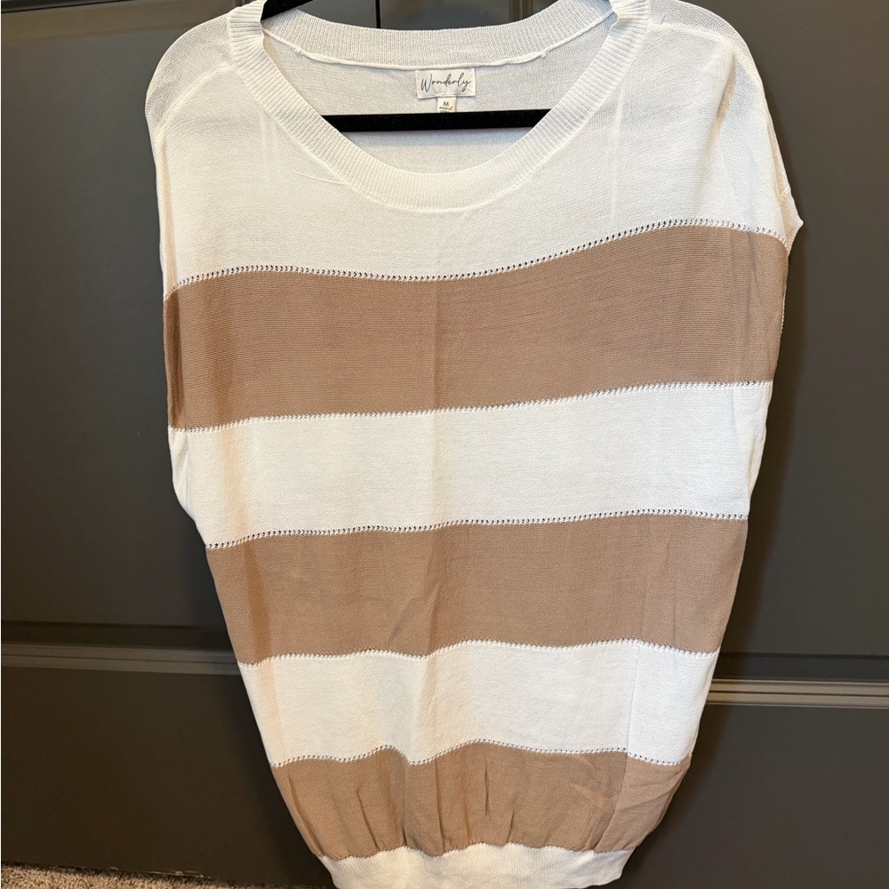 Wonderly Beige and White Wide-Stripe Short-Sleeve Knit Top